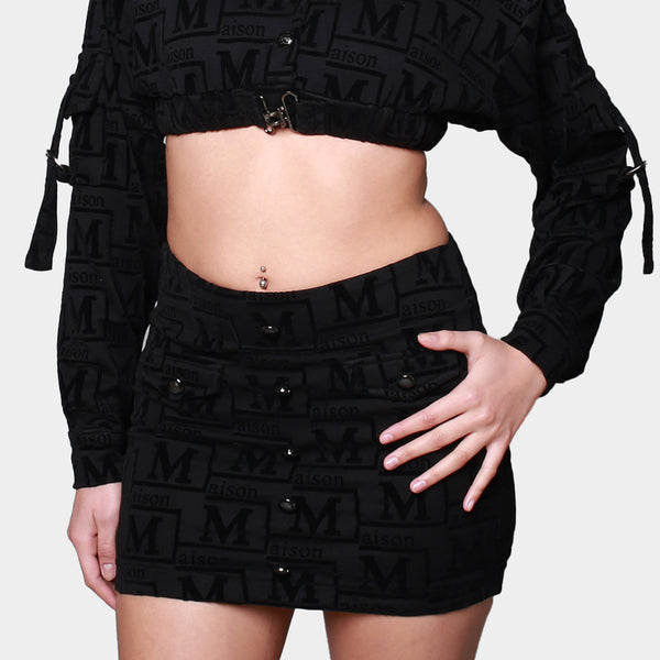 MDB Couture Women's Woven Monogram Crop-Top Jacket & Skirt