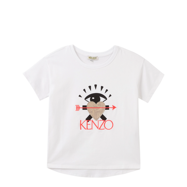 White t-shirt with Kenzo logo and graphic design on a white background