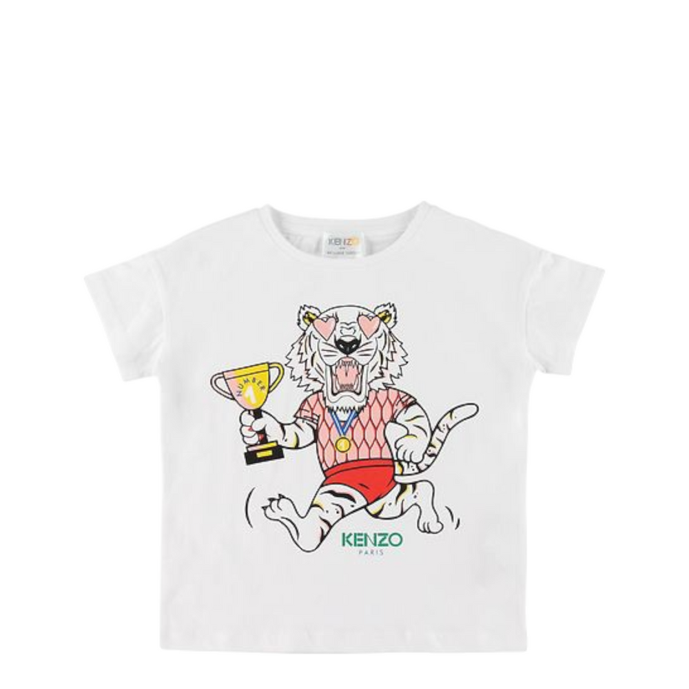 White t-shirt with a tiger holding a trophy graphic and 'Kenzo' branding on a white background.