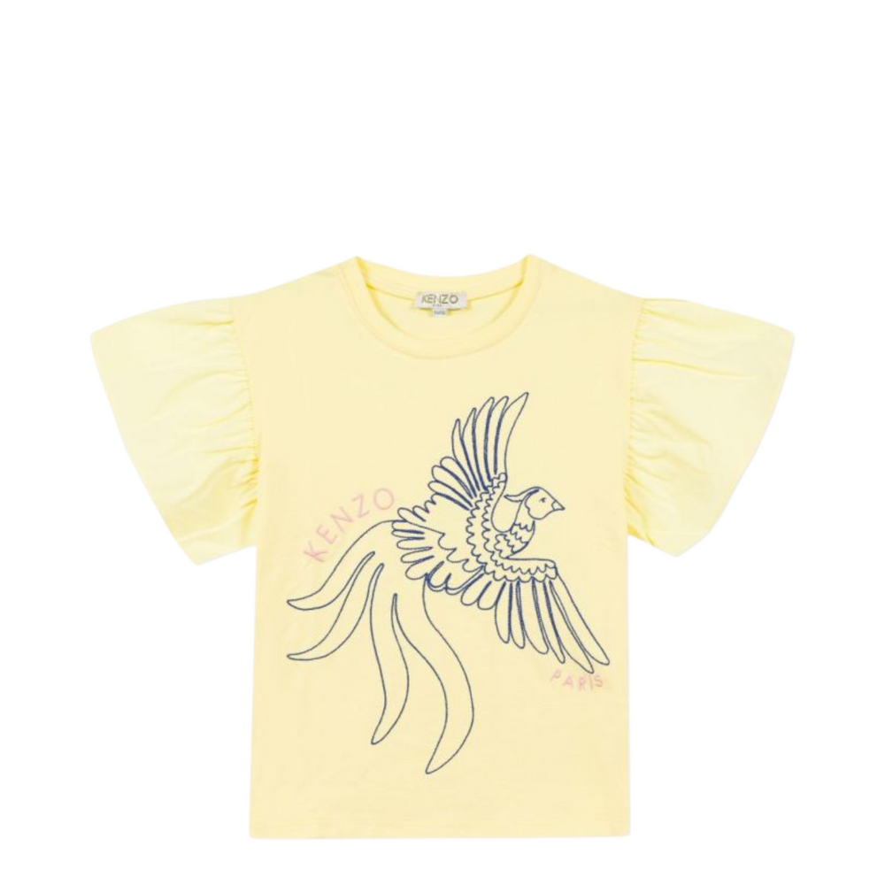 Yellow t-shirt with a bird design on a white background