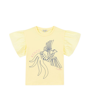 Yellow t-shirt with a bird design on a white background
