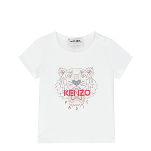White t-shirt with Kenzo tiger logo on a white background