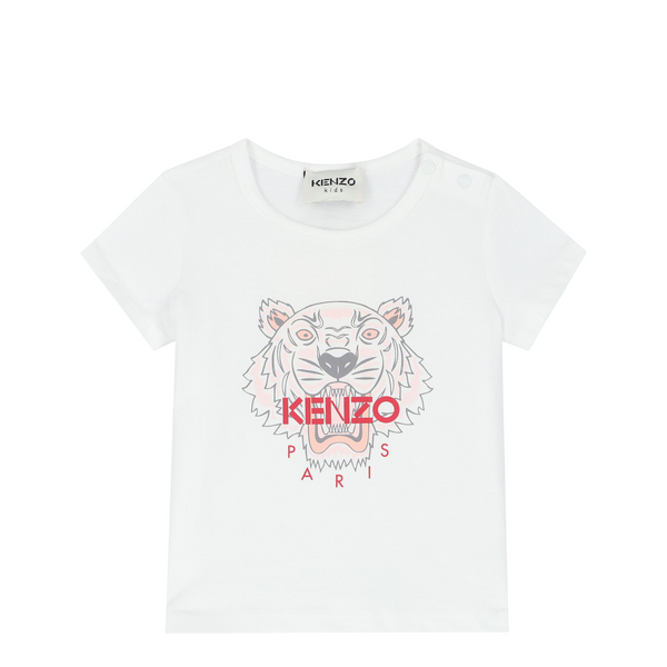 White t-shirt with Kenzo tiger logo on a white background