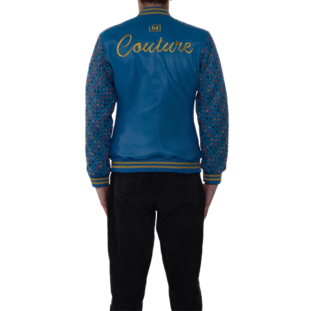 MDB Couture Men's Basket Weave Leather Jacket - Sky