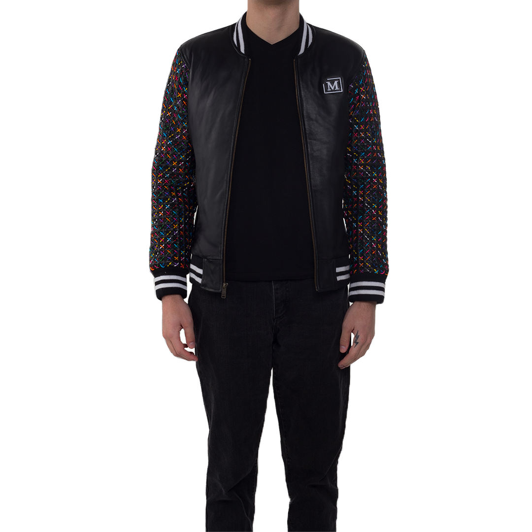 MDB Couture Men's Basket Weave Leather Jacket - Black/White
