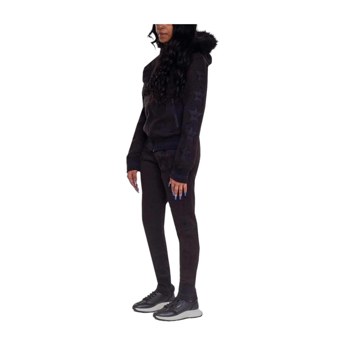 MDB Couture Women's M-Star Fur Hooded Fleece Sweatsuit - Black
