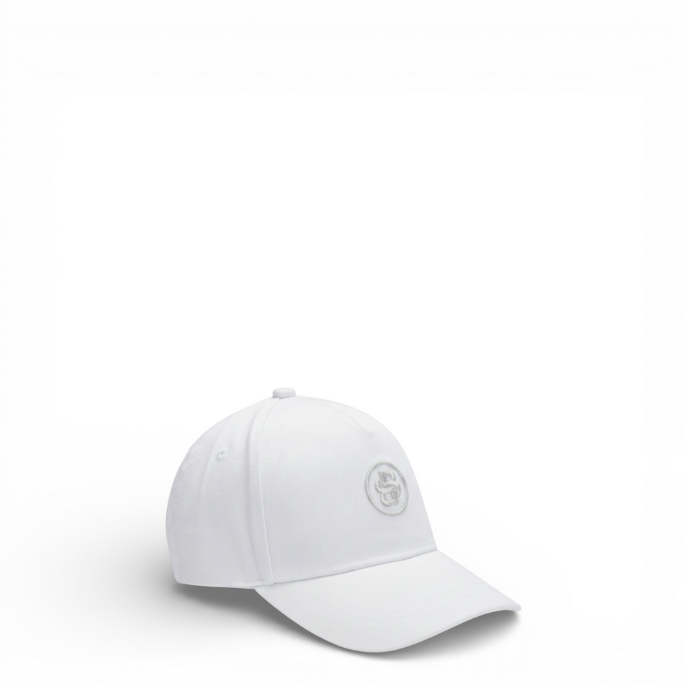 White baseball cap with a logo on a white background