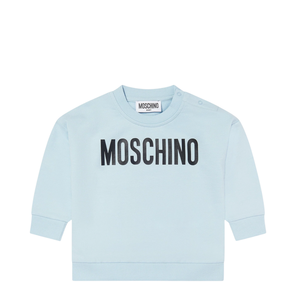Light blue sweatshirt with Moschino logo on a white background