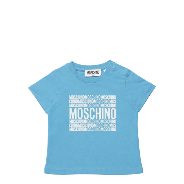 Blue t-shirt with white 'Moschino' text on a white background