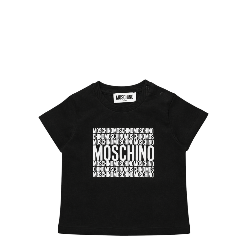 Pink t-shirt with Moschino logo and text on a white background