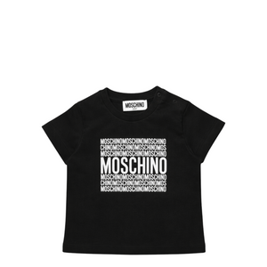Black t-shirt with white 'Moschino' branding on a white background