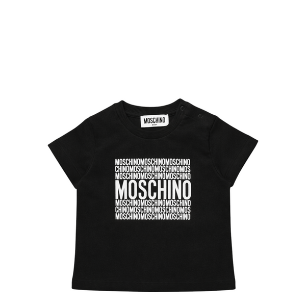 Black t-shirt with white 'Moschino' branding on a white background