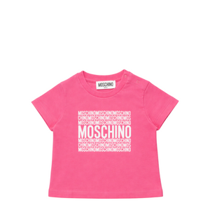 Pink t-shirt with Moschino logo and text on a white background