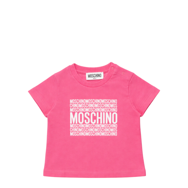 Pink t-shirt with Moschino logo and text on a white background
