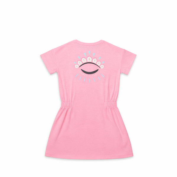 Pink dress with a decorative back design on a white background