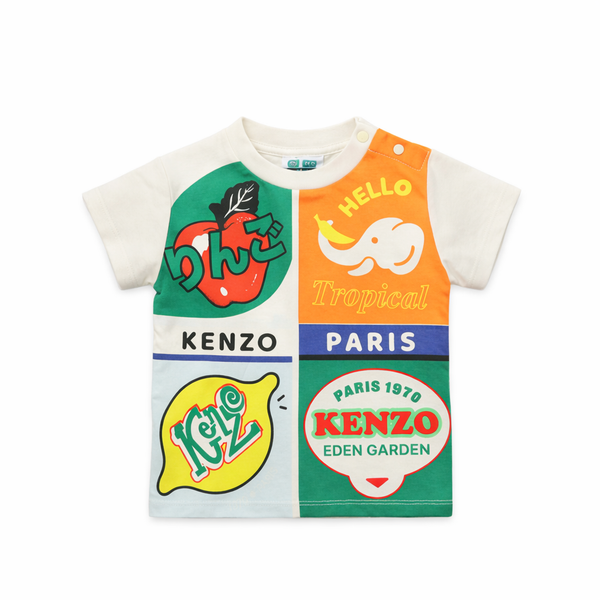 Colorful children's t-shirt with graphic designs and 'Kenzo' branding on a white background