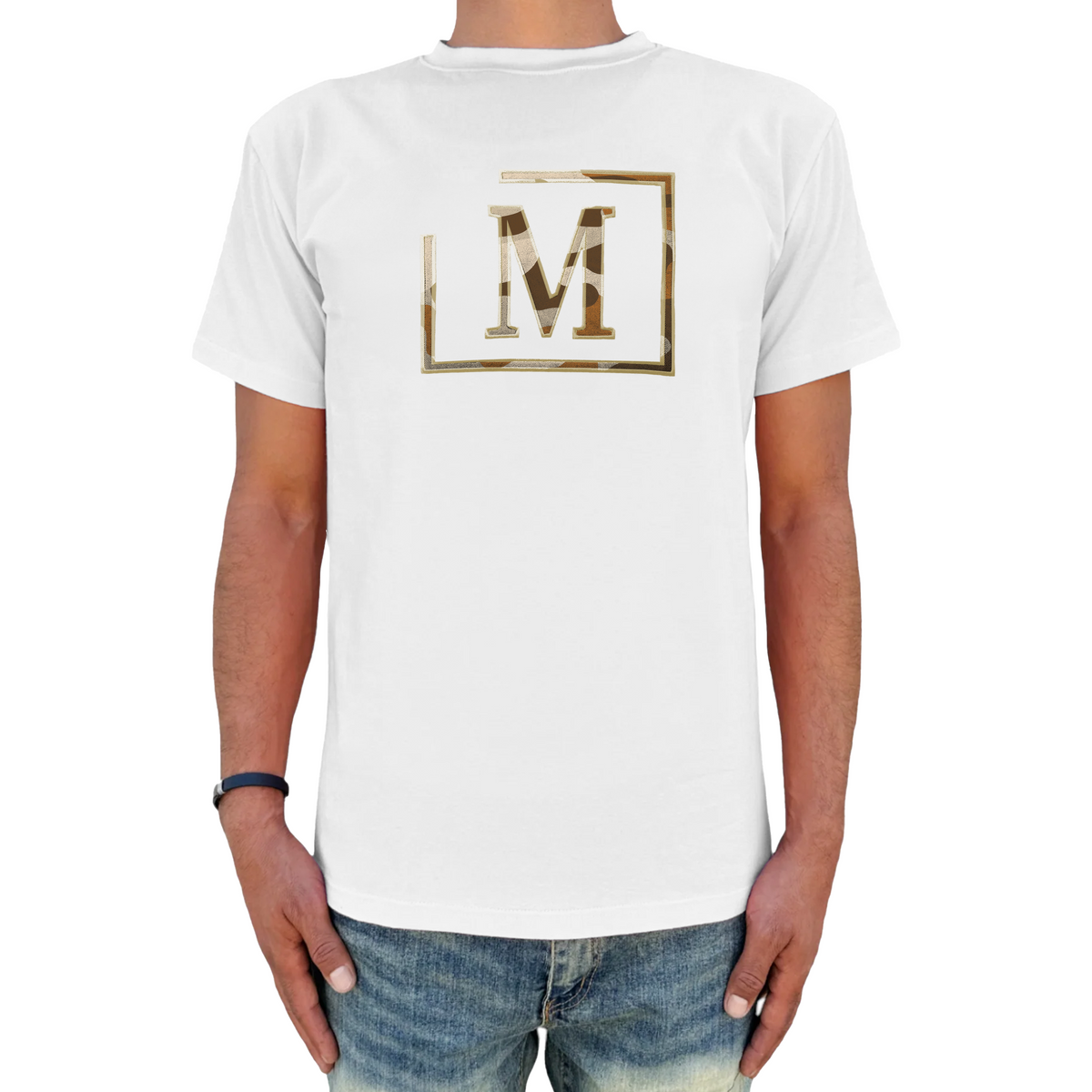 MDB Brand Men's Classic M Embroidered Logo Camouflage Pattern Tee - White w/ Nature Colors