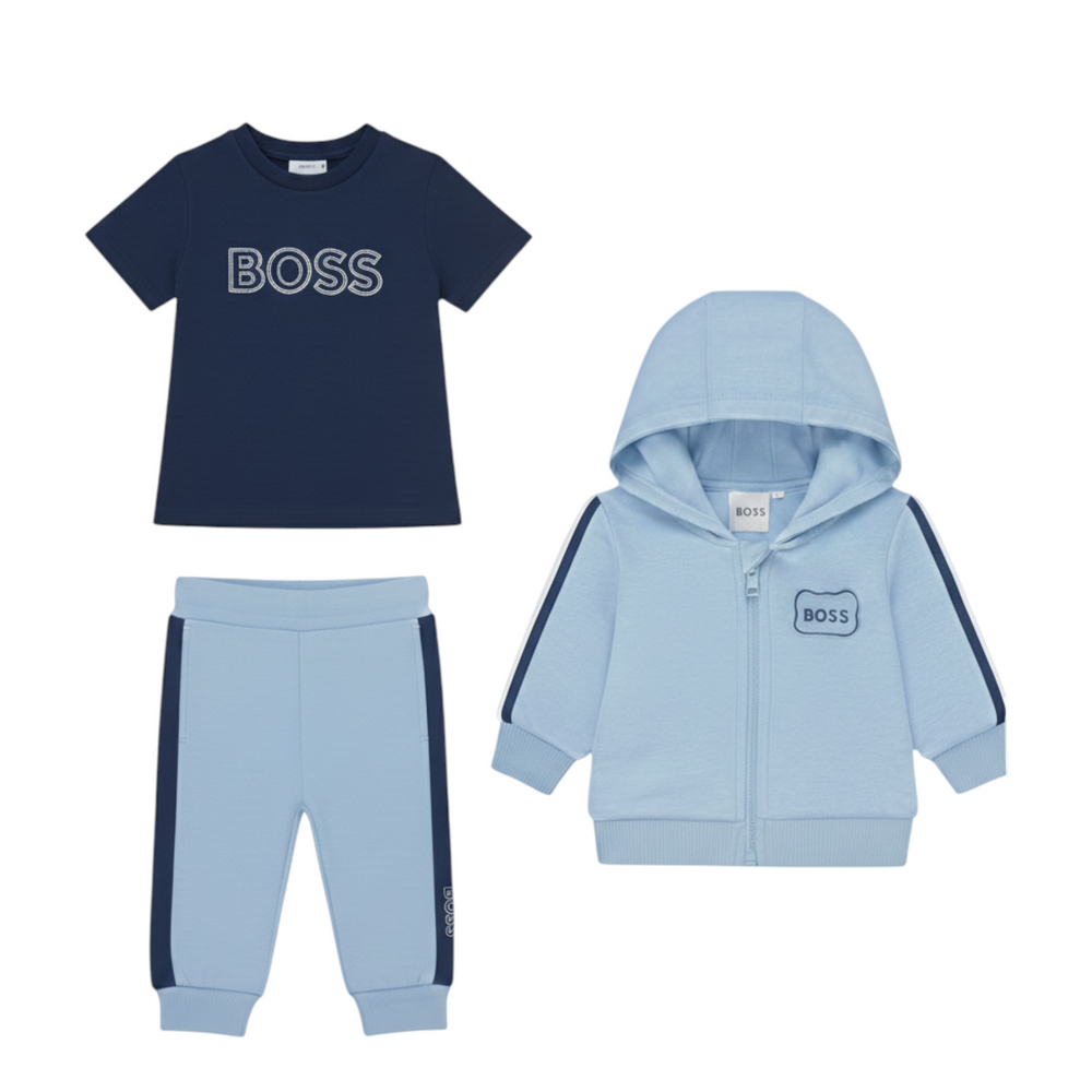 Children's clothing set with navy t-shirt, light blue tracksuit, and hooded jacket on a white background