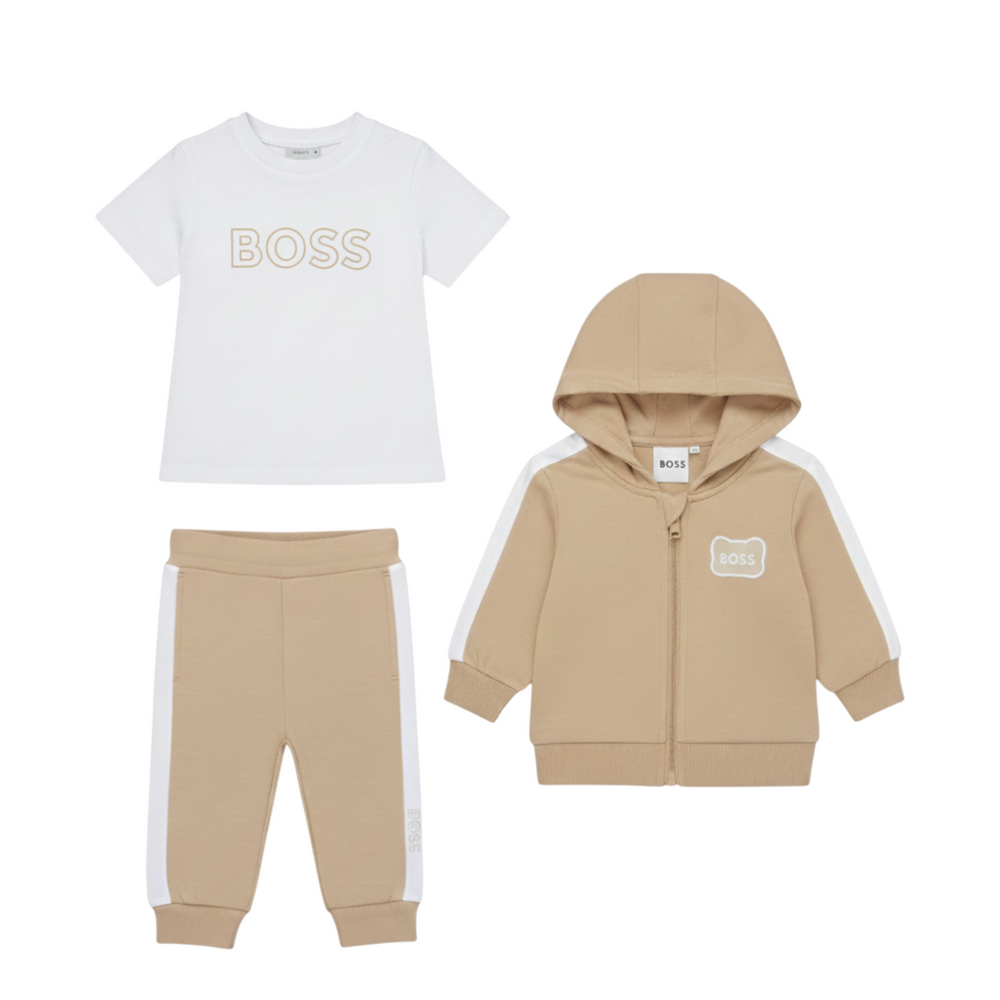 Children's clothing set with navy t-shirt, light blue tracksuit, and hooded jacket on a white background