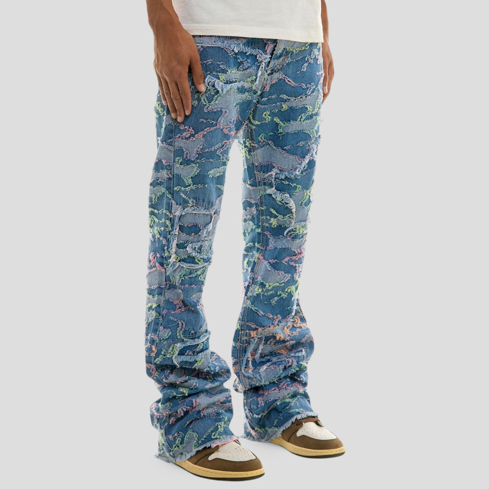 Hidden Treasures Ripped Camo Pattern Slim Flare Jeans