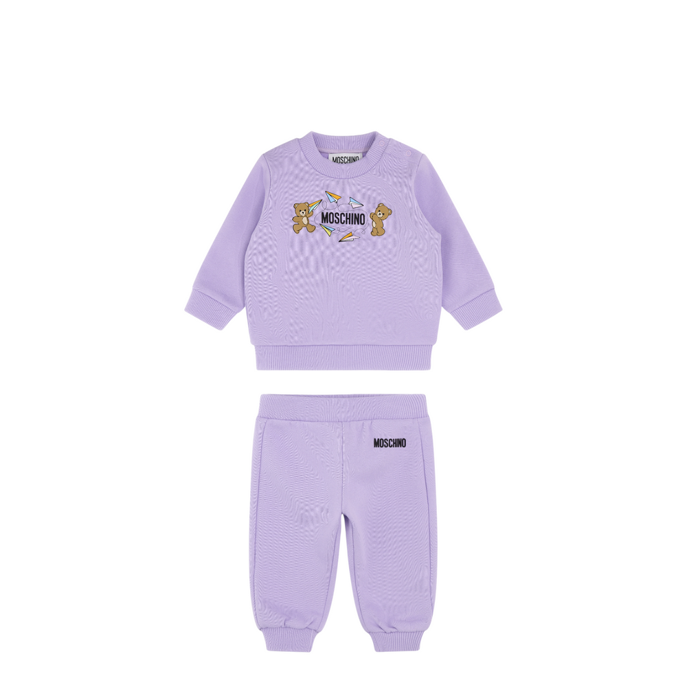 Purple children's sweatshirt and pants set with Moschino logo on a white background