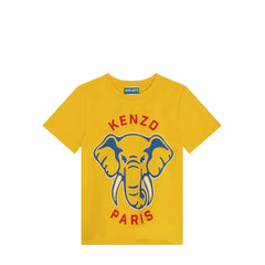 A yellow short-sleeved Kenzo Kids t-shirt with a printed elephant logo on the front and the text 'KENZO PARIS' below it.