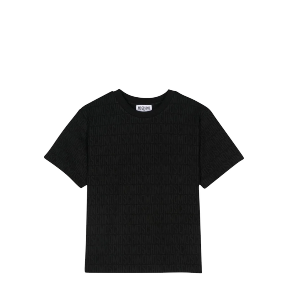 Black t-shirt with a brand logo on a white background