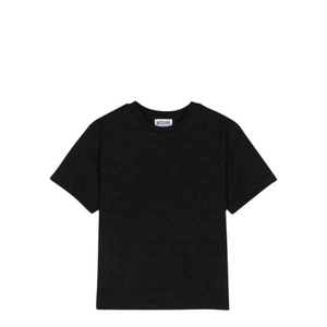 Black t-shirt with a brand logo on a white background