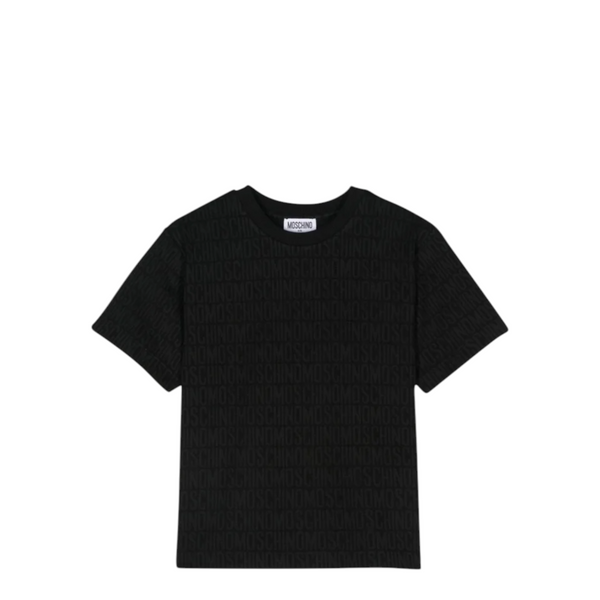 Black t-shirt with a brand logo on a white background