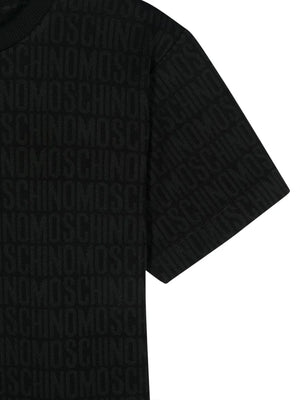 Black textured t-shirt with brand logo on a white background