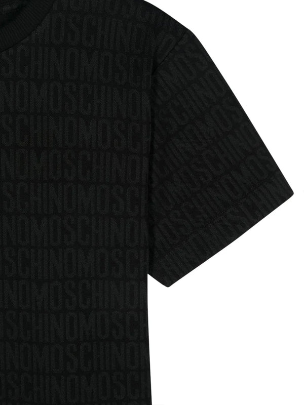 Black textured t-shirt with brand logo on a white background